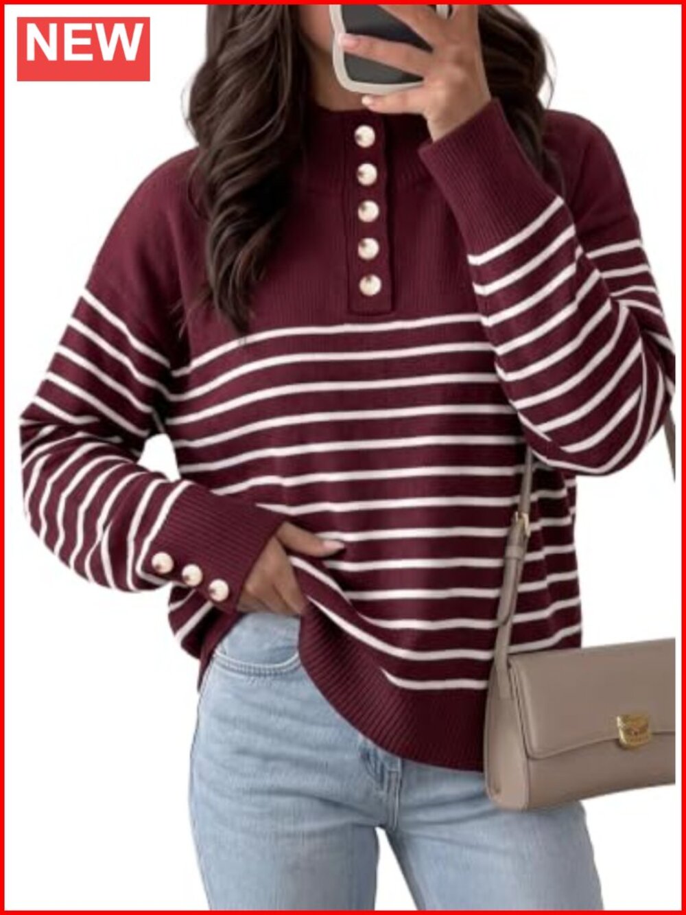 Striped Oversized Pullover Sweater with Half Button Placket